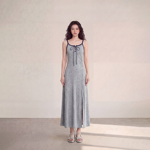 艾格女灰色系带开叉长裙收腰显瘦气质裙A字裙法式 碎花吊带连衣裙