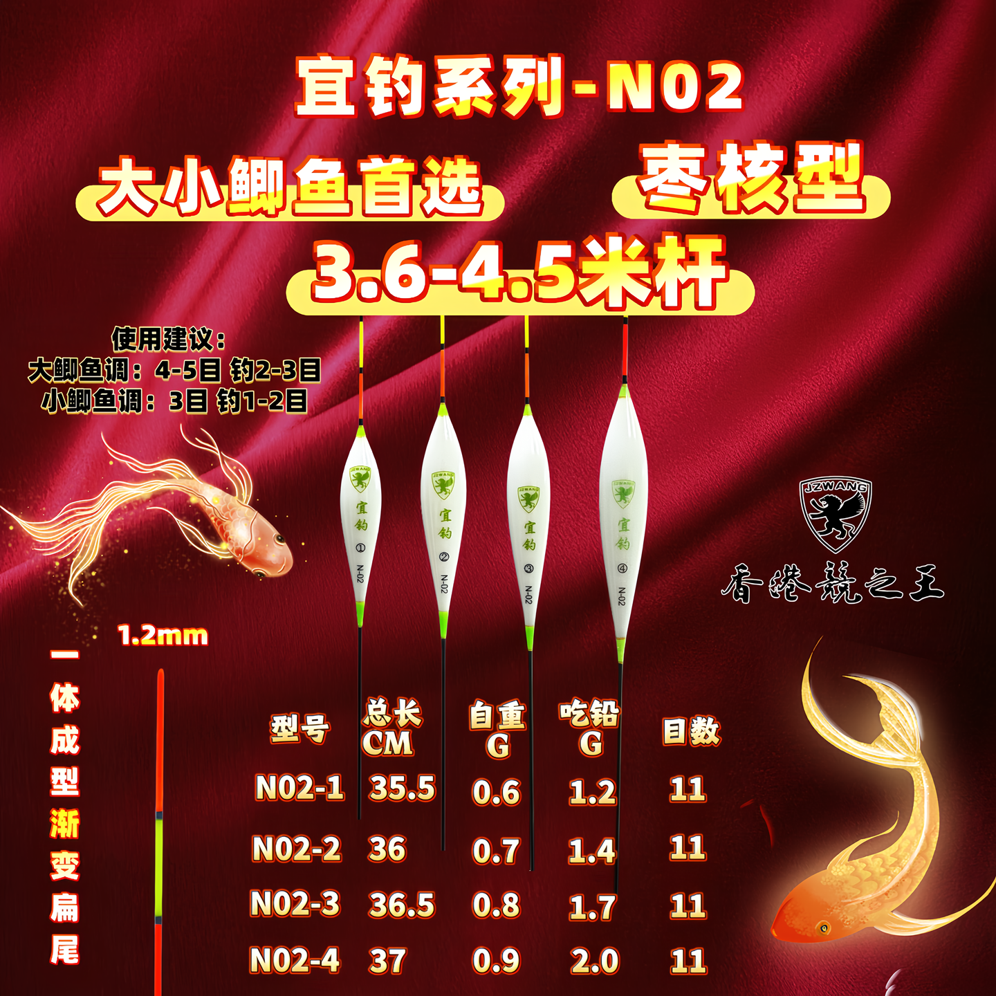 宜钓-N02 大小鲫鱼纳米浮漂 枣核形 JZWANG 中扁尾（类似款F39）
