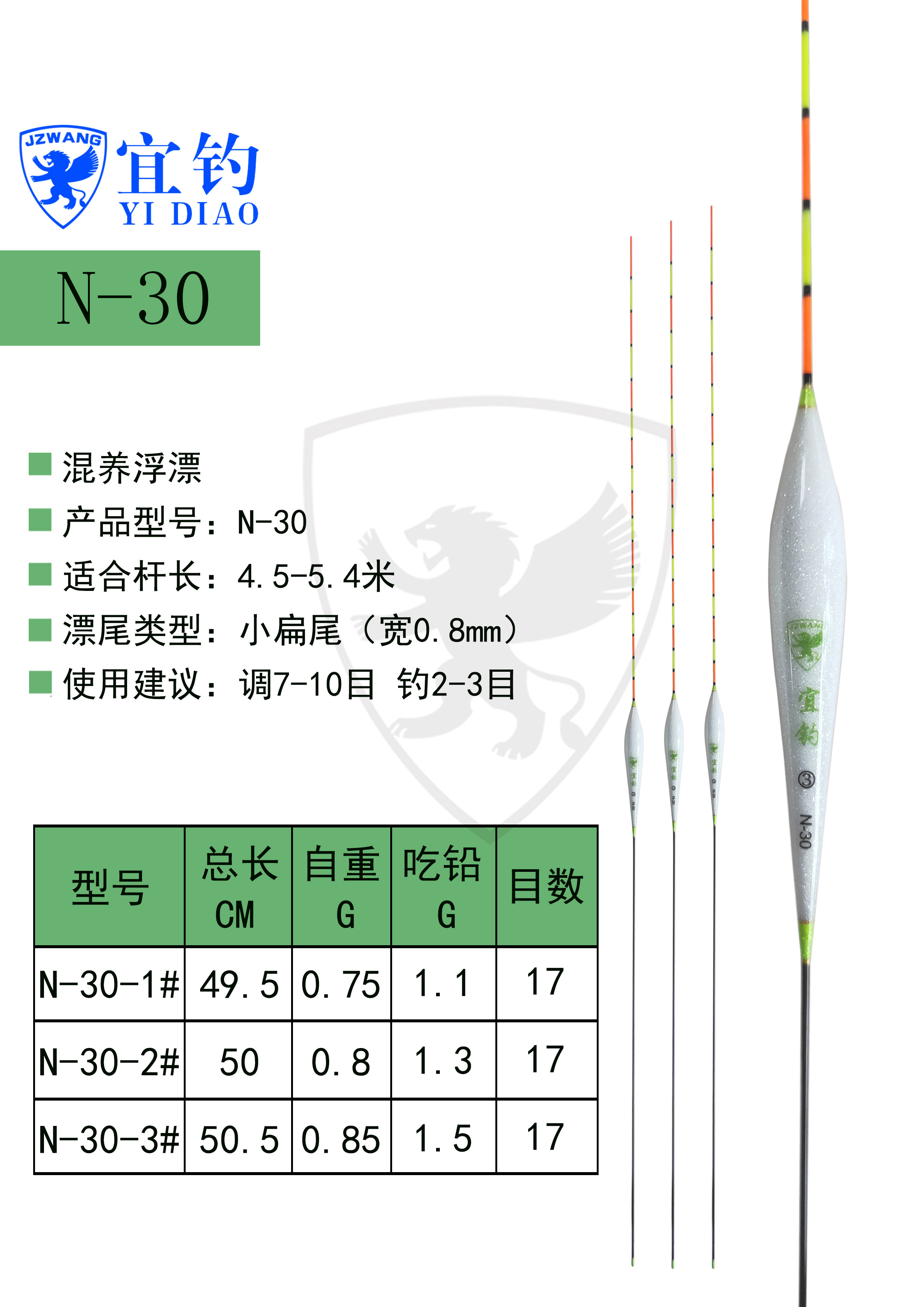 宜钓-N30 黑坑竞技混养纳米浮漂   枣核形JZWANG 小扁尾