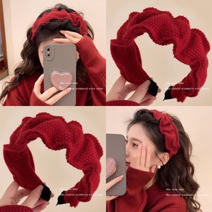 【饰全饰美】高颅顶褶皱毛线版发箍头箍女复古红色针织发卡显脸小