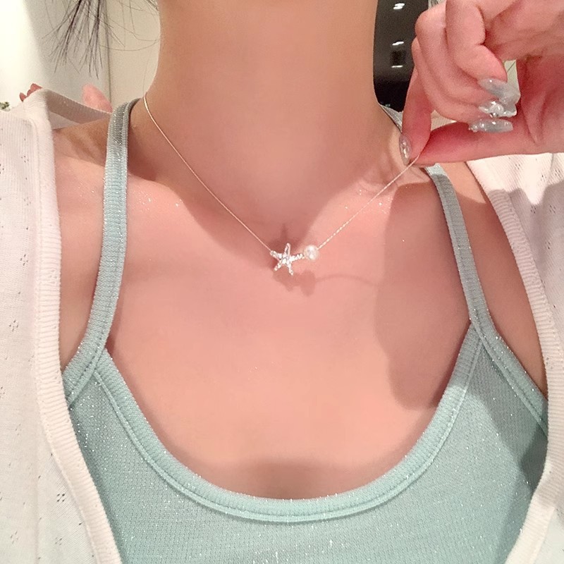 银色海星珍珠锁骨链女夏款