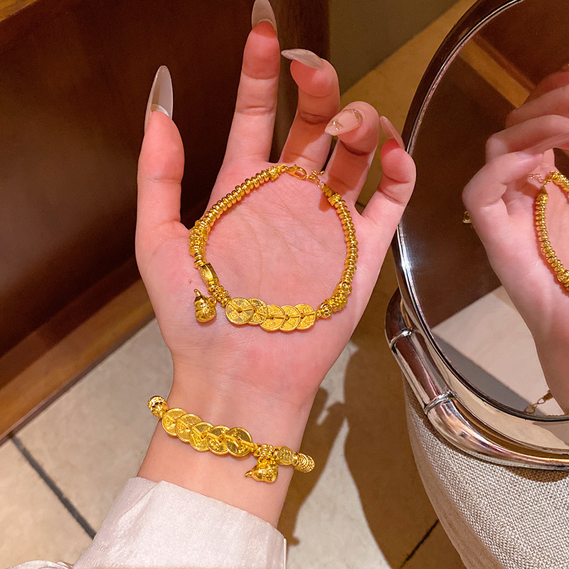 新中式沙金五帝钱葫芦手串