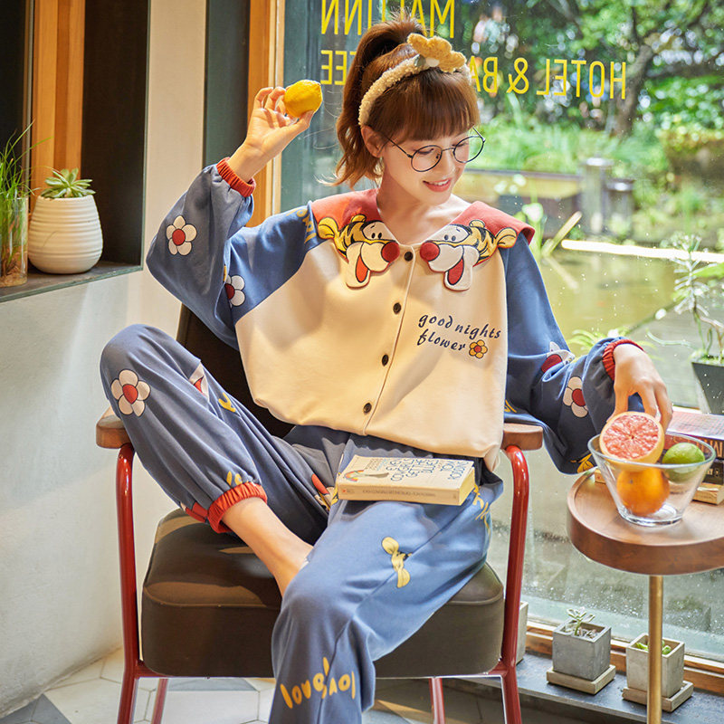 睡衣女春秋季纯棉长袖长裤两件套装卡通可爱学生全棉家居服可外出