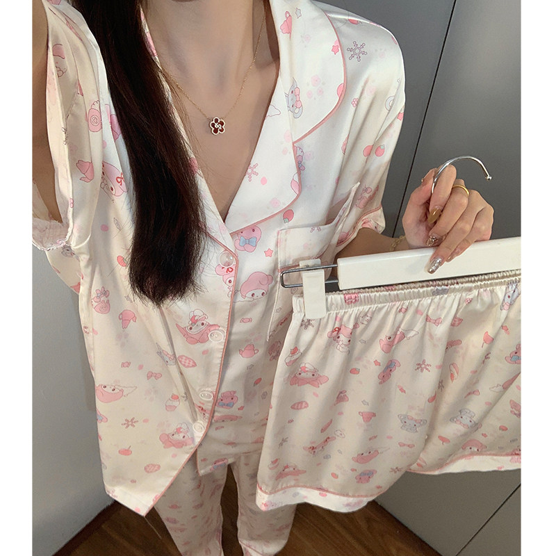 睡衣女款夏季三件套冰丝绸短袖长裤2026新款夏天宽松家居服可外穿