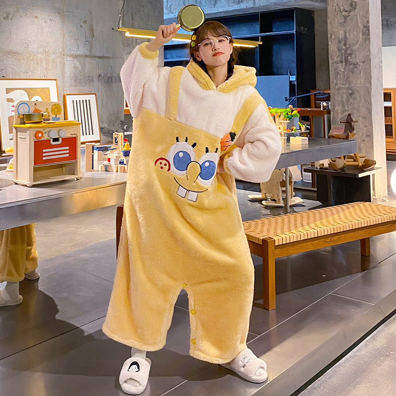 珊瑚绒连体睡衣女秋冬季款加厚加绒卡通甜美可爱大码法兰绒家居服