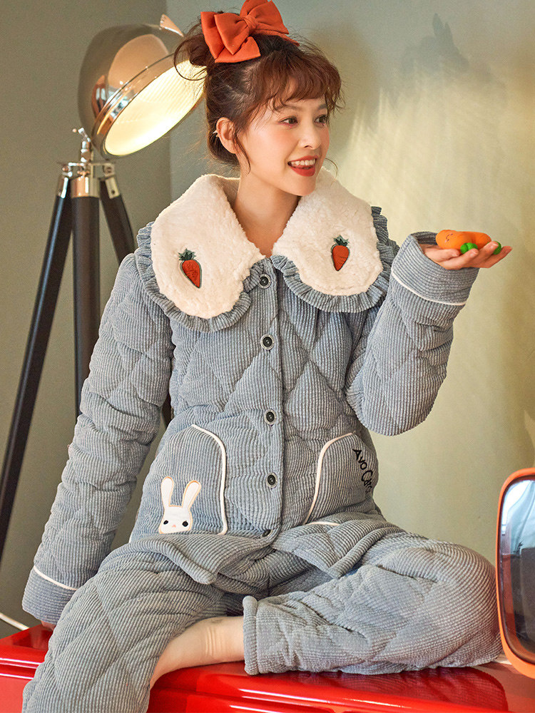 Coral velvet autumn and winter pajamas women's thickened three-layer padded cotton Princess wind autumn and winter flannel warm home clothes