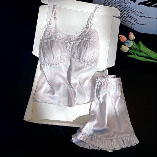 2025年新款睡衣女夏季冰丝性感吊带短裤套装带胸垫丝绸薄款家居服