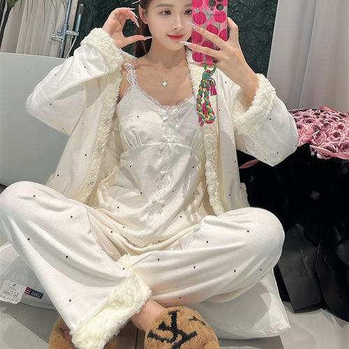 海岛绒睡衣女春秋带胸垫2025年圆点吊带长袖三件套装纯欲风家居服