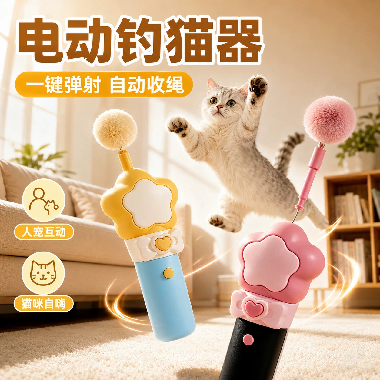 懒人款丨自动收绳电动逗猫棒
