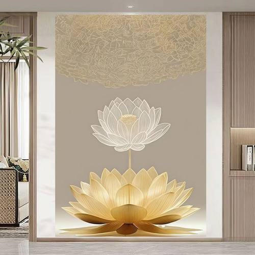 自粘中式静心莲花禅意背景壁画客厅书房茶室佛堂礼堂口寺庙装饰画