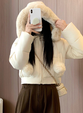 美式复古毛边拼接连帽短外套女毛球装饰保暖棉服短款小个子加厚