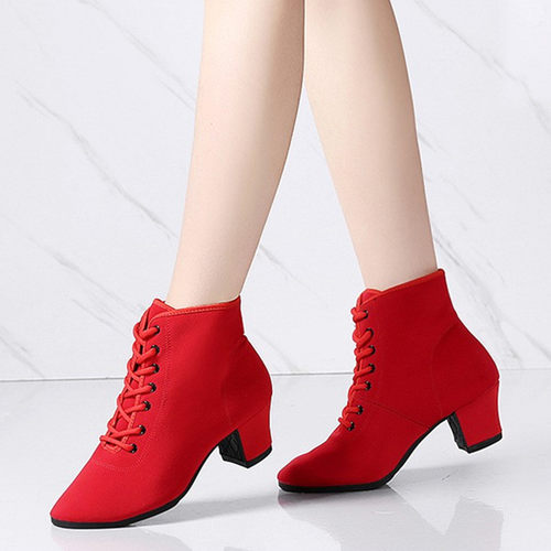 专业舞蹈鞋黑色高帮中跟软底女鞋