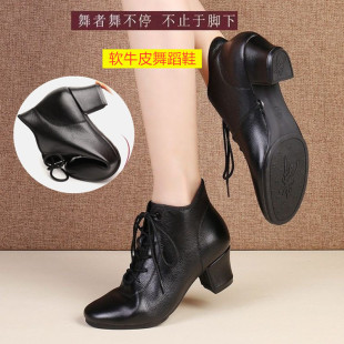 秋冬季牛皮高帮真皮舞蹈鞋女软底广场舞鞋交谊黑色水兵靴中跟加绒
