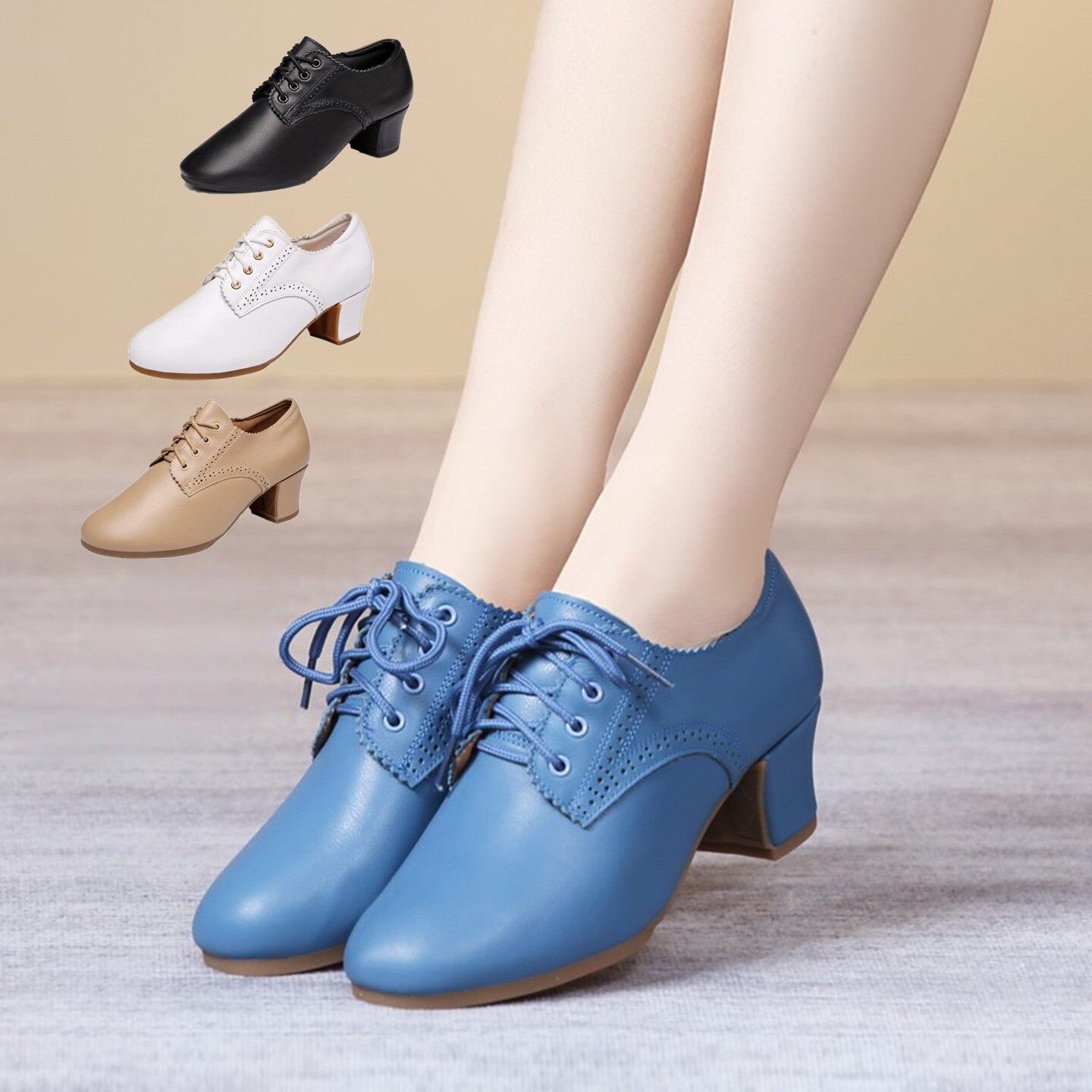 软牛皮时尚春夏季真皮舞蹈鞋软底女广场舞鞋水兵交谊白色中跟外穿