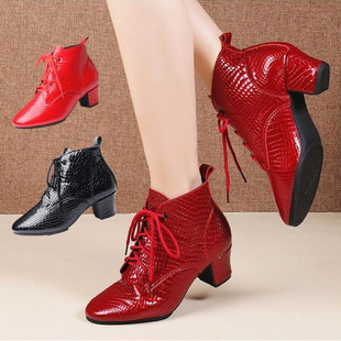 秋冬季时尚高帮真皮舞蹈鞋牛皮广场舞鞋软底跳舞靴子交谊舞女中跟