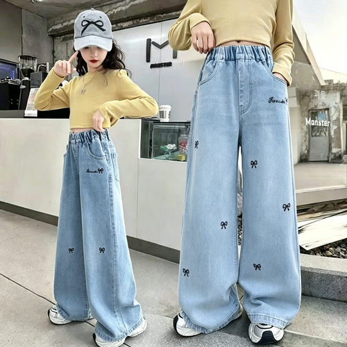 女童春秋中腰蝴蝶结刺绣牛仔裤