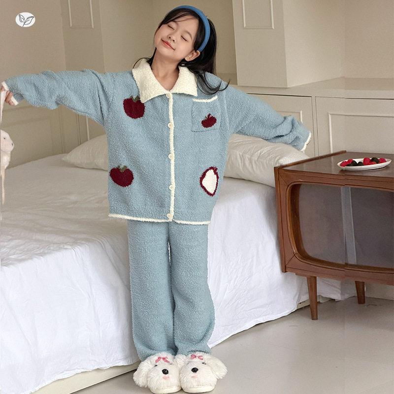 女童冬季新款加绒加厚珊瑚绒家居服套装中大童保暖睡衣外套阔腿裤
