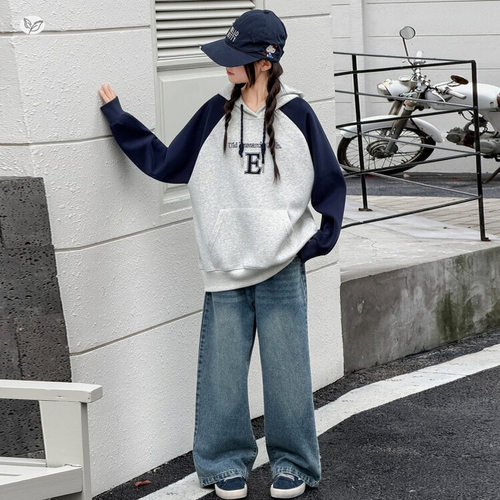 女童秋季新款休闲学生连帽卫衣牛仔裤套装春秋套头上衣阔腿裤长裤