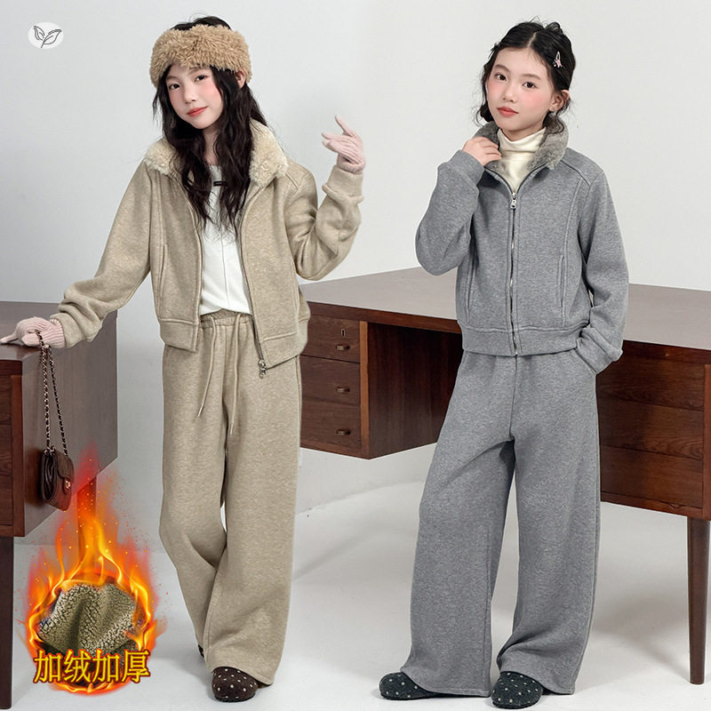 女童2026冬装韩版加绒加厚毛领外套卫衣上衣中大童卫裤阔腿裤套装