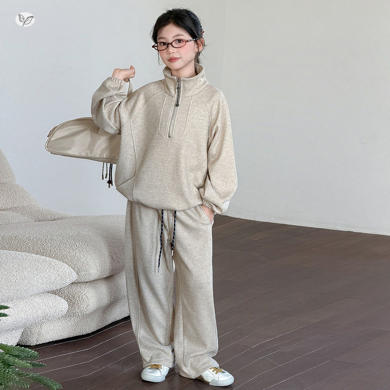 女童休闲运动服套装2026秋季新款中大童半拉链立领卫衣卫裤两件套