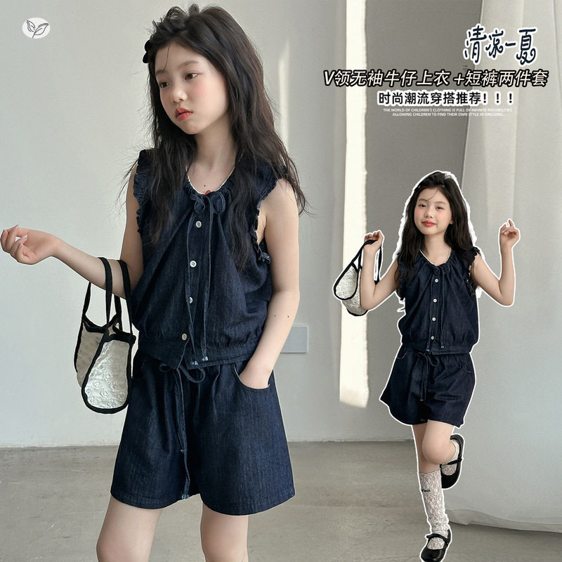 女童无袖牛仔套装2026夏季新款中大童韩系花边袖马甲短裤轻薄夏装