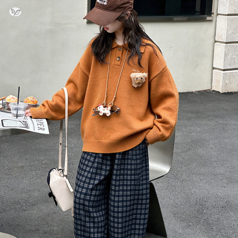 女童橘色毛衣套装2026秋新款中大童polo领针织打底衫格子裤两件套