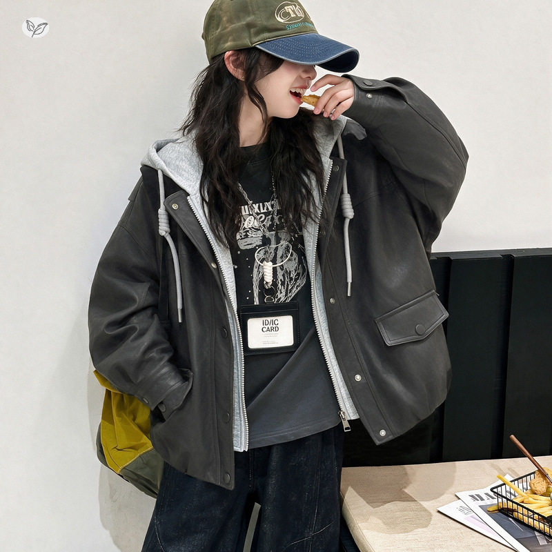 女童假两件连帽皮衣外套2026秋季新款中大童韩系夹克衫秋装拉链衫