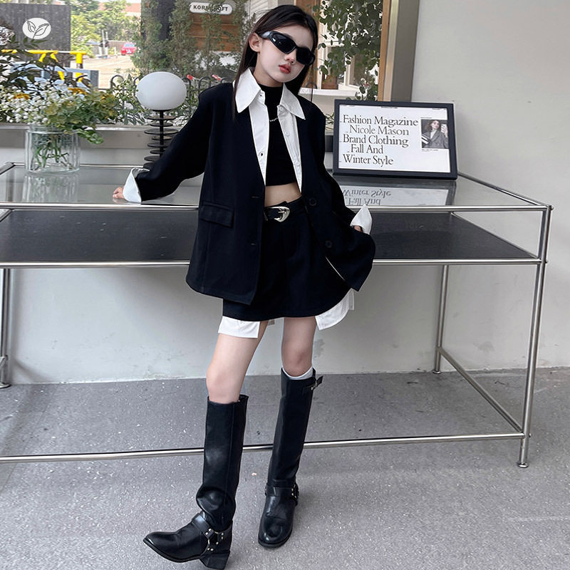 女童英伦风西服套装2026秋新款中大儿童假两件西装外套短裙两件套