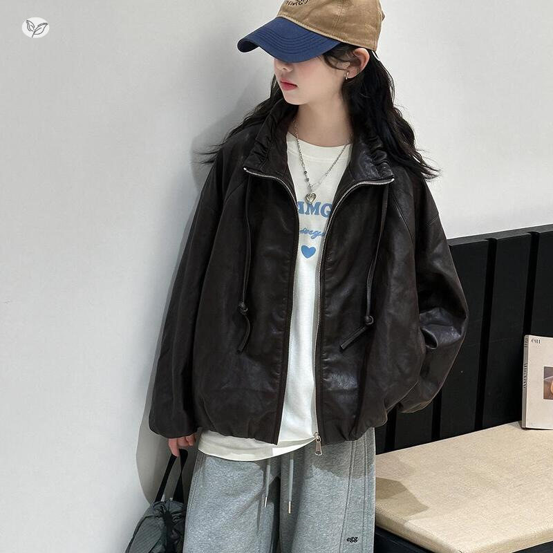 女童深咖色皮衣外套2026秋新款中大童短款夹克衫韩系秋装儿童开衫