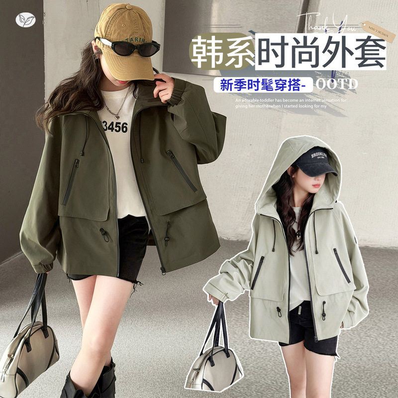 女童秋季新款休闲抽绳连帽风衣外套中大童户外运动夹克衫学生上衣