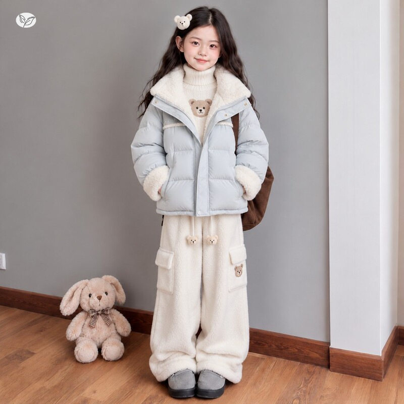 女童冬季新品加绒加厚毛领翻领棉服中大童休闲毛毛拼接面包服棉衣