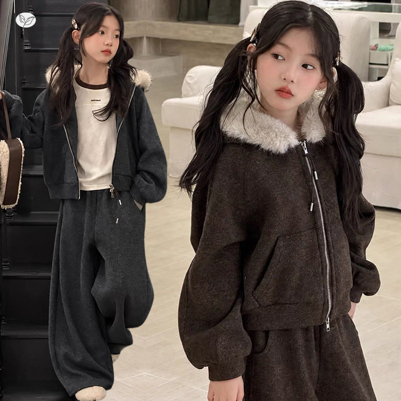 女童2026秋冬韩版加绒中大童毛领连帽外套卫衣上衣加绒直筒拖地裤