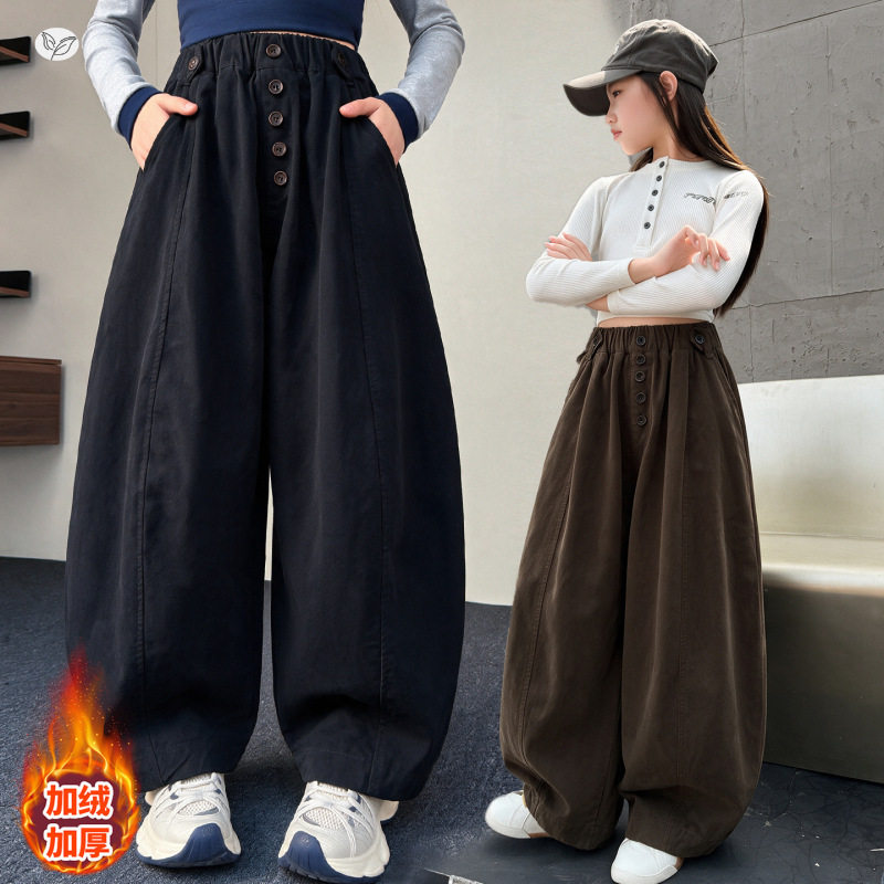 女童秋冬加绒加厚韩版休闲萝卜裤女大童宽松舒适阔腿裤弯刀裤潮范