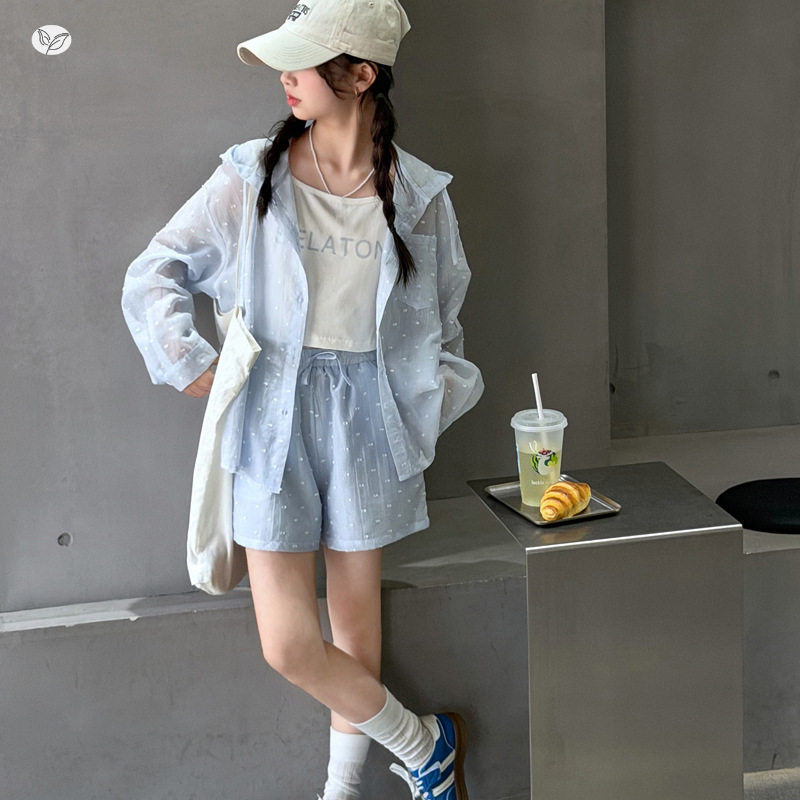 女童防晒套装2026夏季新款中大童长袖连帽外套背心短裤花点三件套