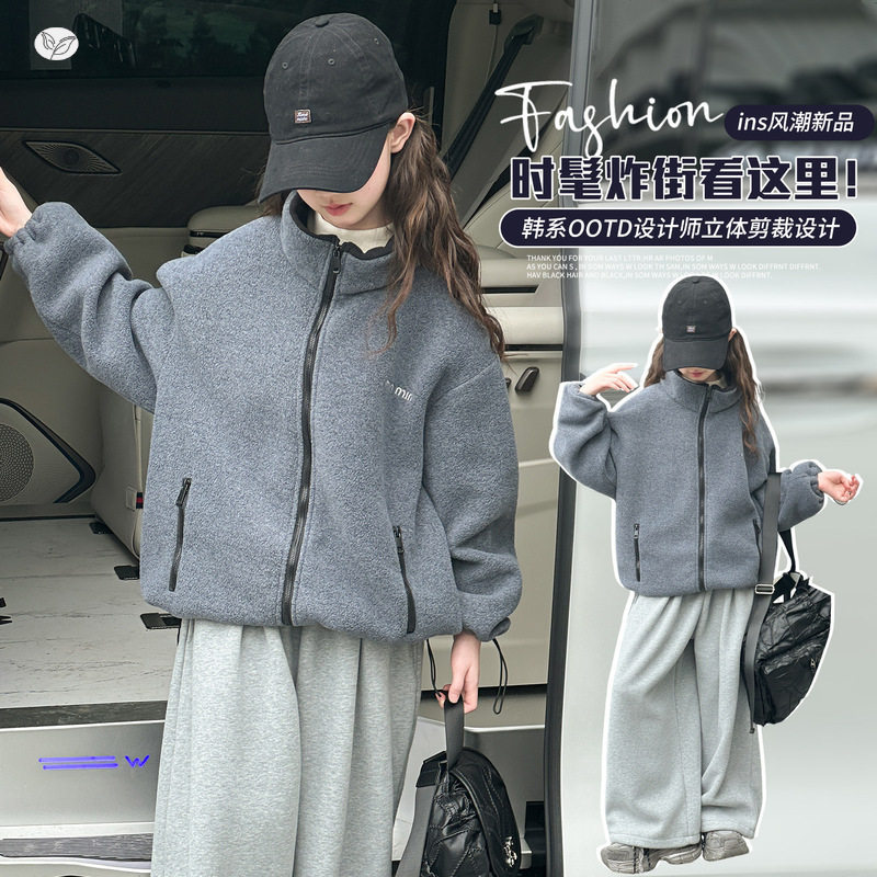 女童秋冬新款休闲加厚双面绒拉链外套中大童百搭显瘦卫衣夹克上衣