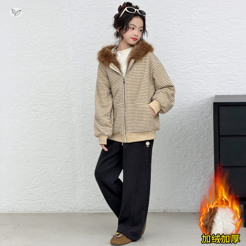 女童冬款韩系兔耳朵条纹加绒毛领连帽外套中大童加厚保暖棉衣夹克
