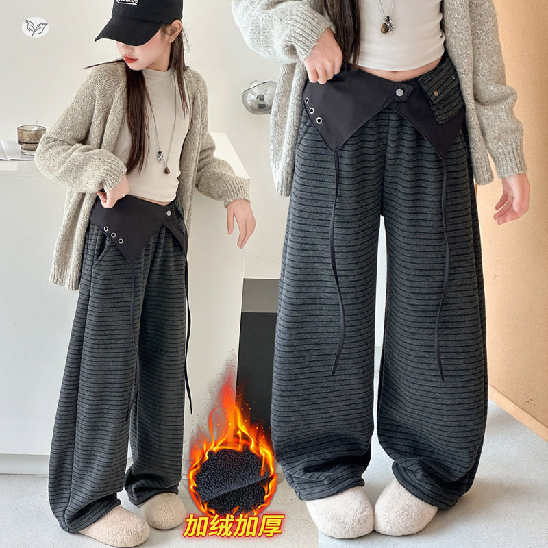 女童条纹加绒裤韩版休闲长裤中大童时尚双腰屁帘裤女孩窄版直筒裤