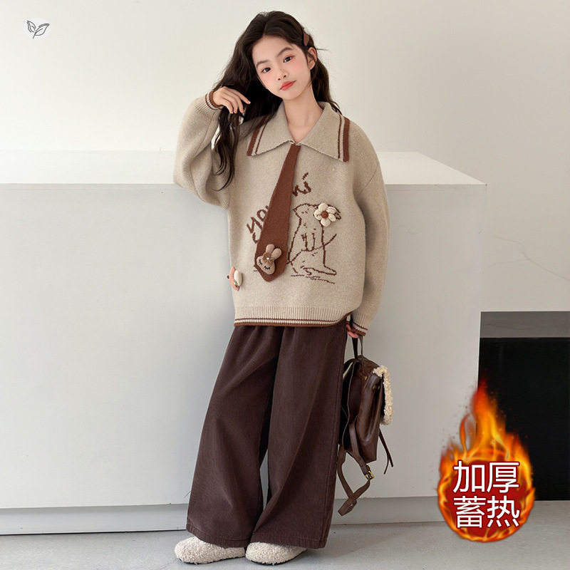女童2026秋冬韩版卡通毛衣Polo领加厚针织衫上衣加绒直筒裤套装潮