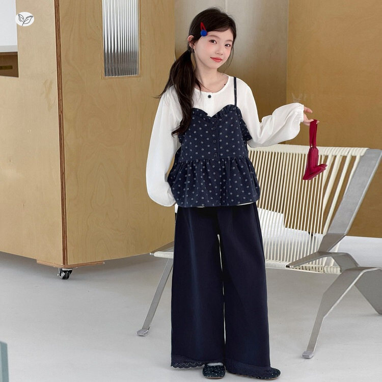 女童2026年秋季新款清新碎花吊带叠穿长袖圆领衬衣阔腿裤三件套潮