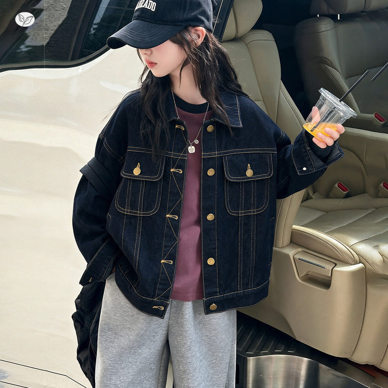 女童明线牛仔外套2026秋季新款中大童休闲翻领夹克衫开衫长袖上衣