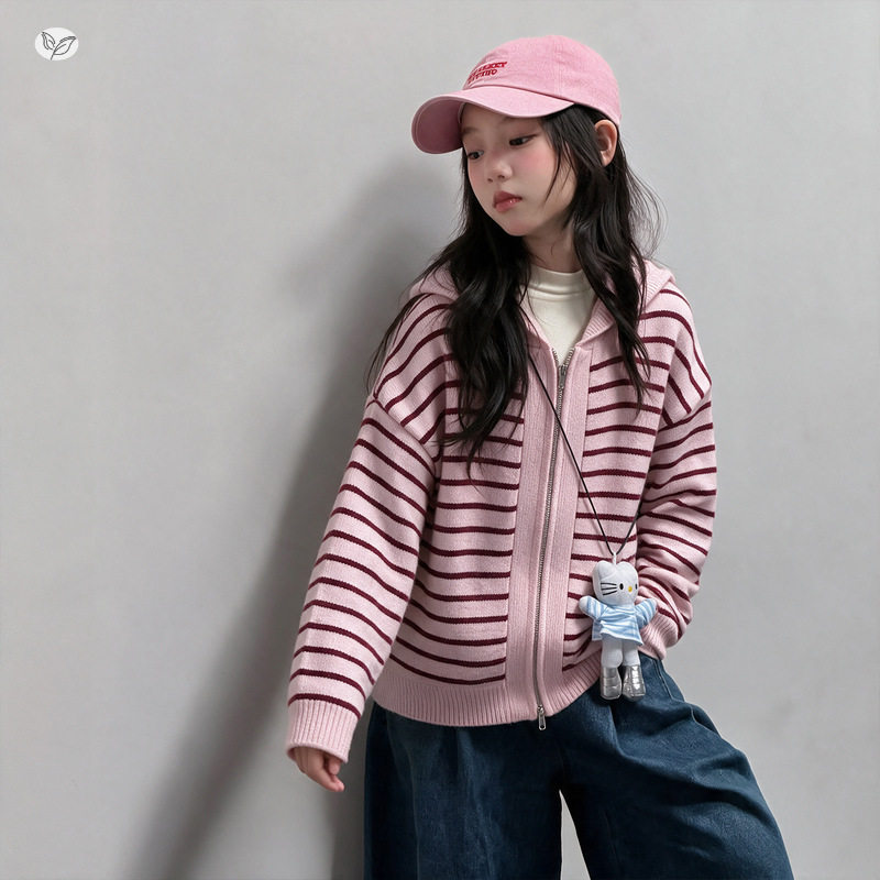 女童毛衣开衫2026秋冬新款中大童连帽条纹针织外套短款拉链毛线衣