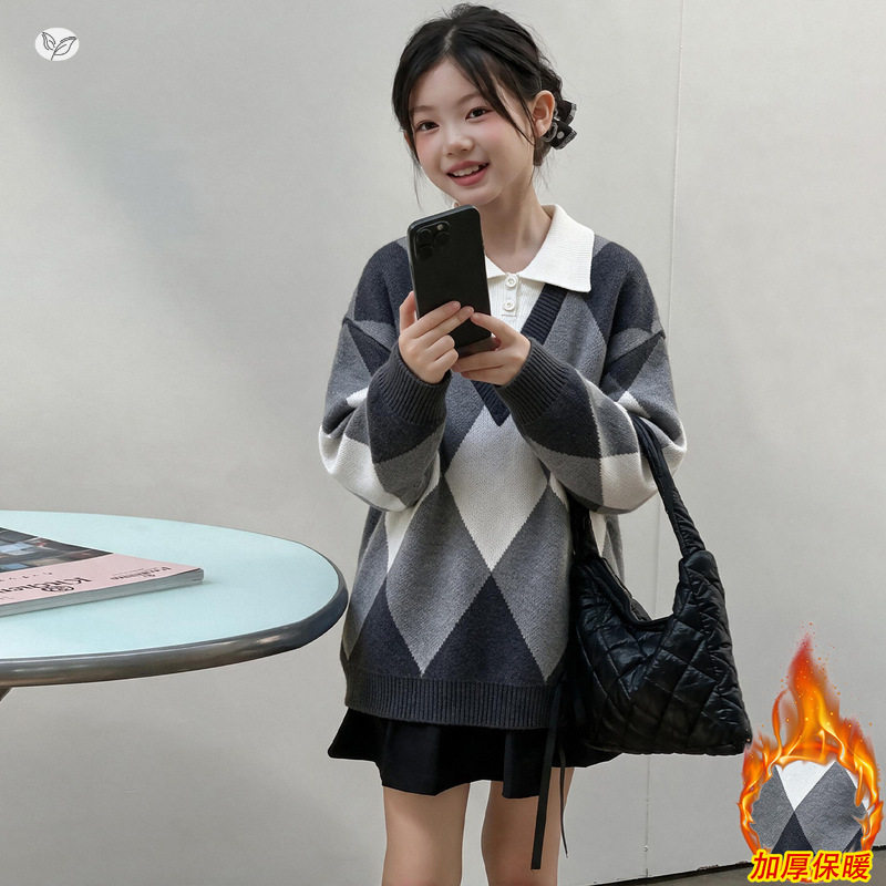 女童26深秋新款韩版菱格翻领假两件毛衣中大童加厚套头针织衫上衣