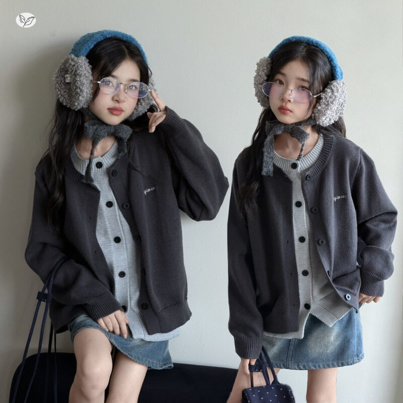 女童秋冬新款韩版假两件针织衫中大童女孩叠穿开衫外套深秋毛衣潮
