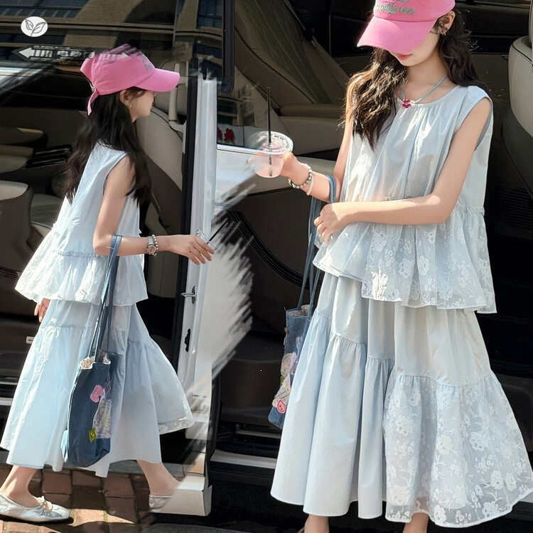 女童2026年夏季韩版蕾丝拼接无袖娃娃衫A字裙套装女孩褶皱半身裙