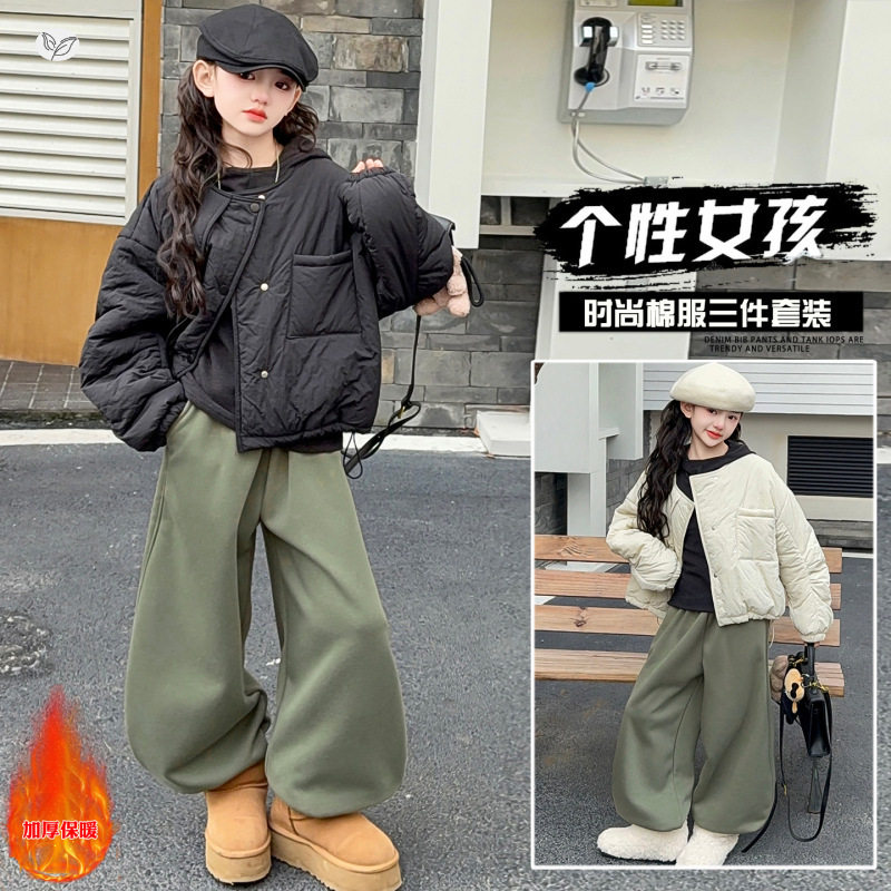 女童冬季韩版时尚棉衣外套上衣德绒打底帽衫内搭加绒直筒卫裤套装