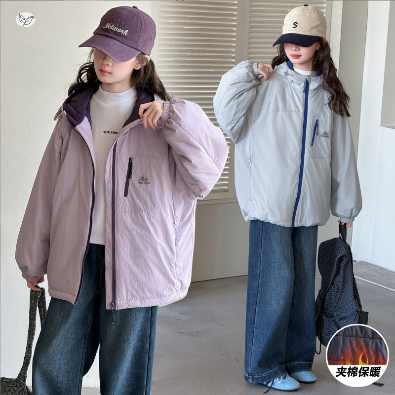 女童秋冬休闲冲锋衣外套大童休闲运动软壳棉衣保暖夹棉连帽外套潮