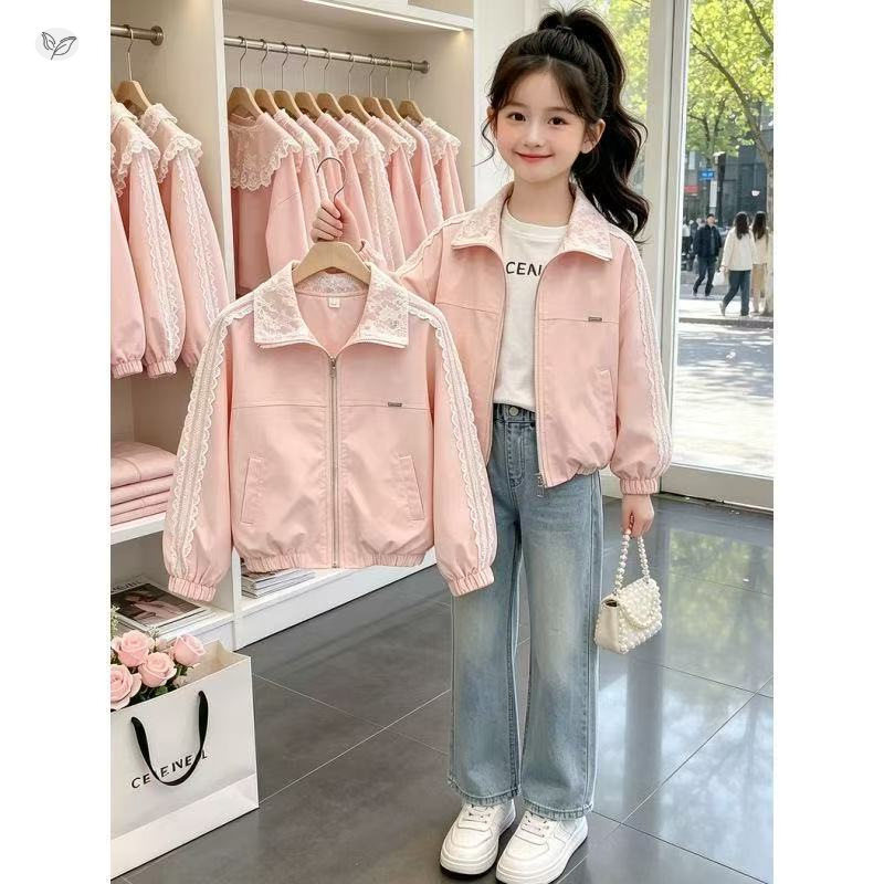 女童蕾丝花边外套2026秋季新款中大童甜美翻领拉链衫儿童短款开衫