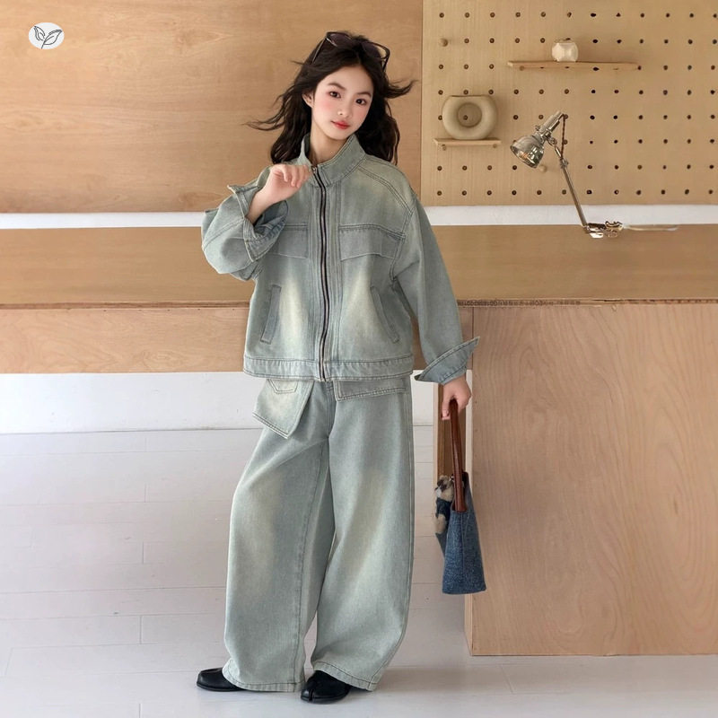 女童秋季新款韩版牛仔立领夹克衫阔腿裤套装春秋中大童外套屁帘裤