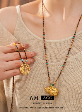 虎眼石彩石串珠葫芦项链饰品小众设计感毛衣链轻奢感项饰