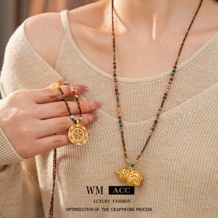 虎眼石彩石串珠葫芦项链饰品小众设计感毛衣链轻奢感项饰